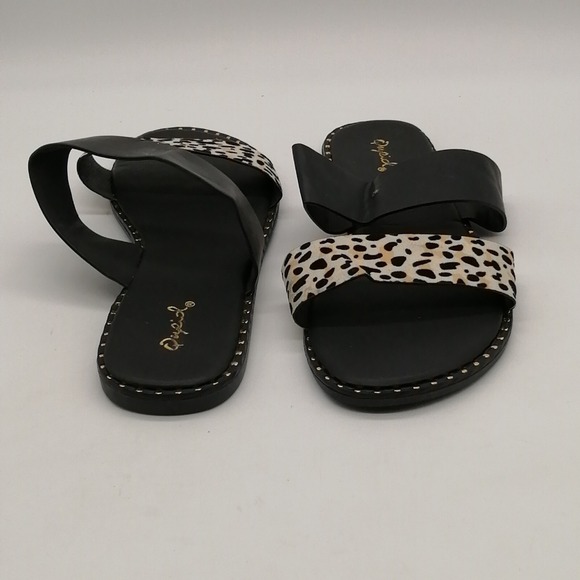 Qupid Sandals Womens Black Leopard 9 Strappy Slide Shoe Dressy Flat Studded 9 - Picture 8 of 11